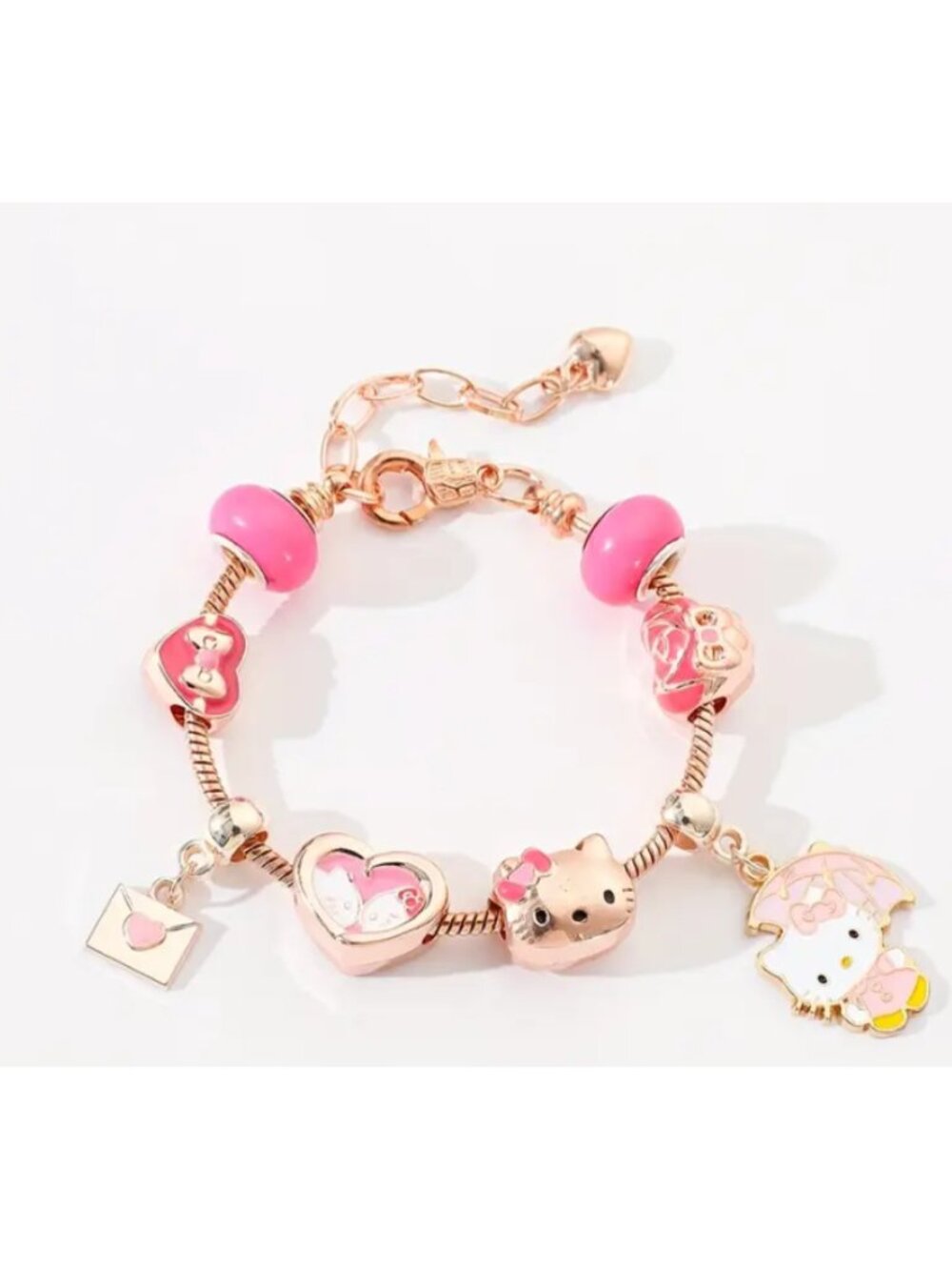 Hello Kitty Charm Bracelet Pink Gold Tone Beaded Adjustable Kawaii Jewelry Gift